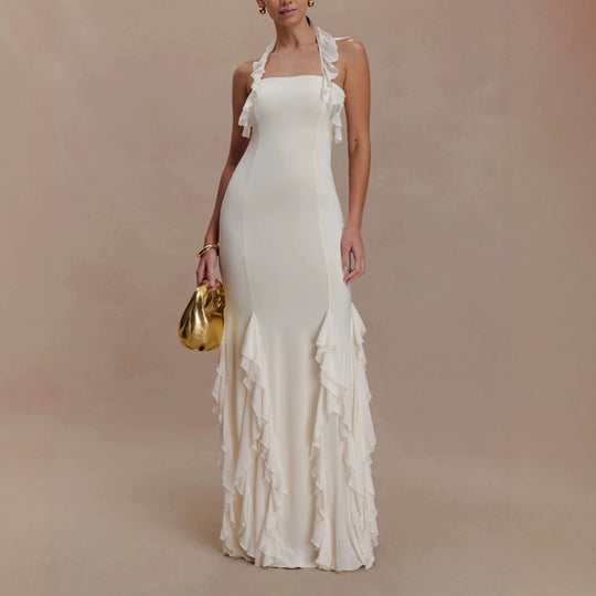 Damen Elegantes Langarm-Maxikleid mit Rüschendetails EB