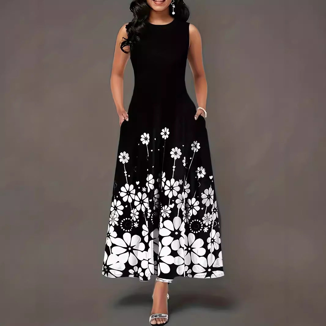 Damen Maxikleid mit floralen Akzenten und seitlichen Eingrifftaschen EB