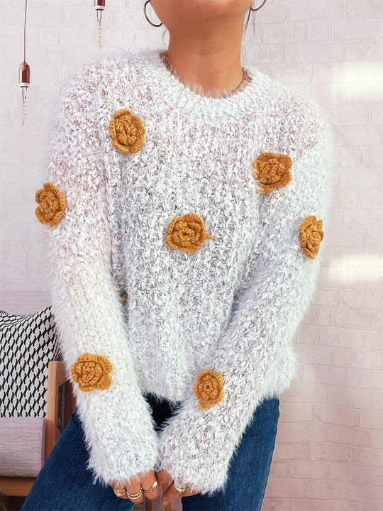 Damen gemütlicher, fluffiger Pullover mit verspielten Blumenapplikationen EB