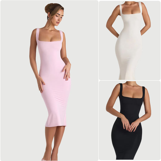 Damen Figurumspielendes Midi-Kleid mit quadratischem Ausschnitt und schmalem Schnitt EB