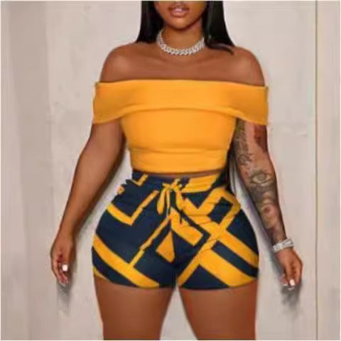 Damen Off-Shoulder Top und Hohe Taille Shorts Set EB