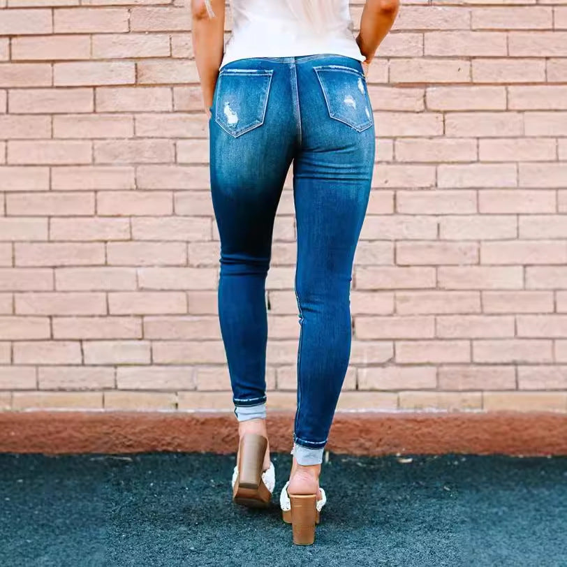 Damen High-Waist Skinny Jeans mit modischen Knopfdetails EB