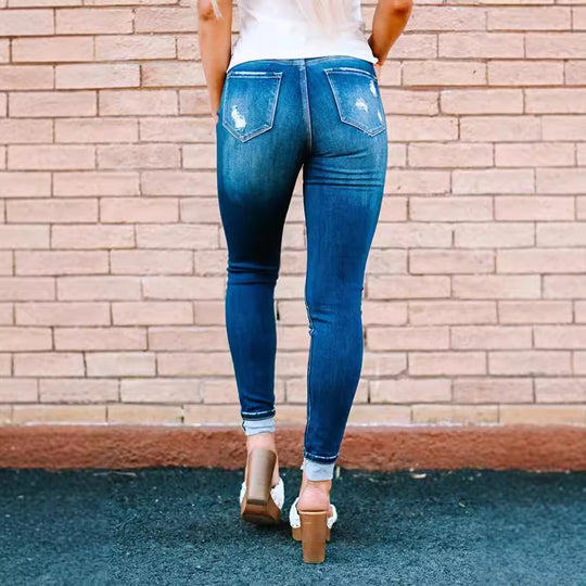Damen High-Waist Skinny Jeans mit modischen Knopfdetails EB