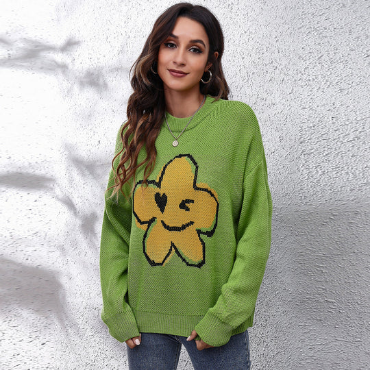Damen Strickpullover mit verspieltem Blumenmotiv EB