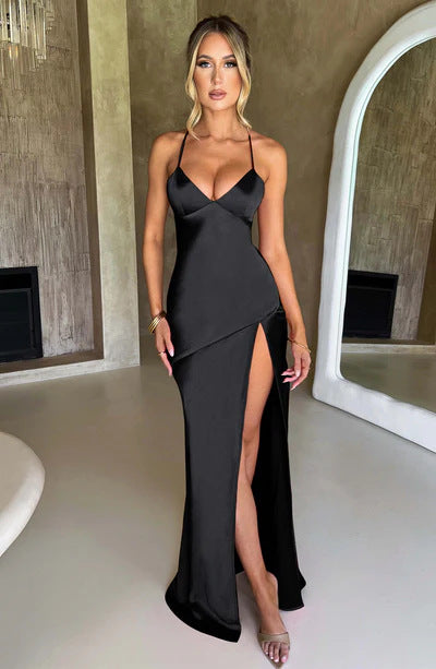 Damen Elegantes Maxikleid mit tiefem Schlitz und zarten Spaghettiträgern EB