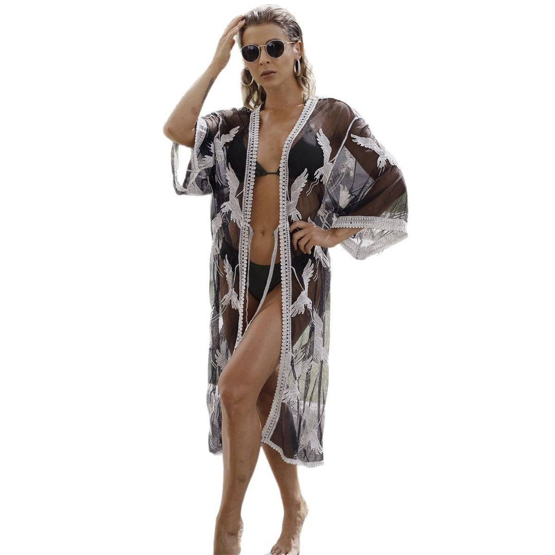 Damen eleganter Strandüberwurf mit floralem Muster und Bindegürtel EB
