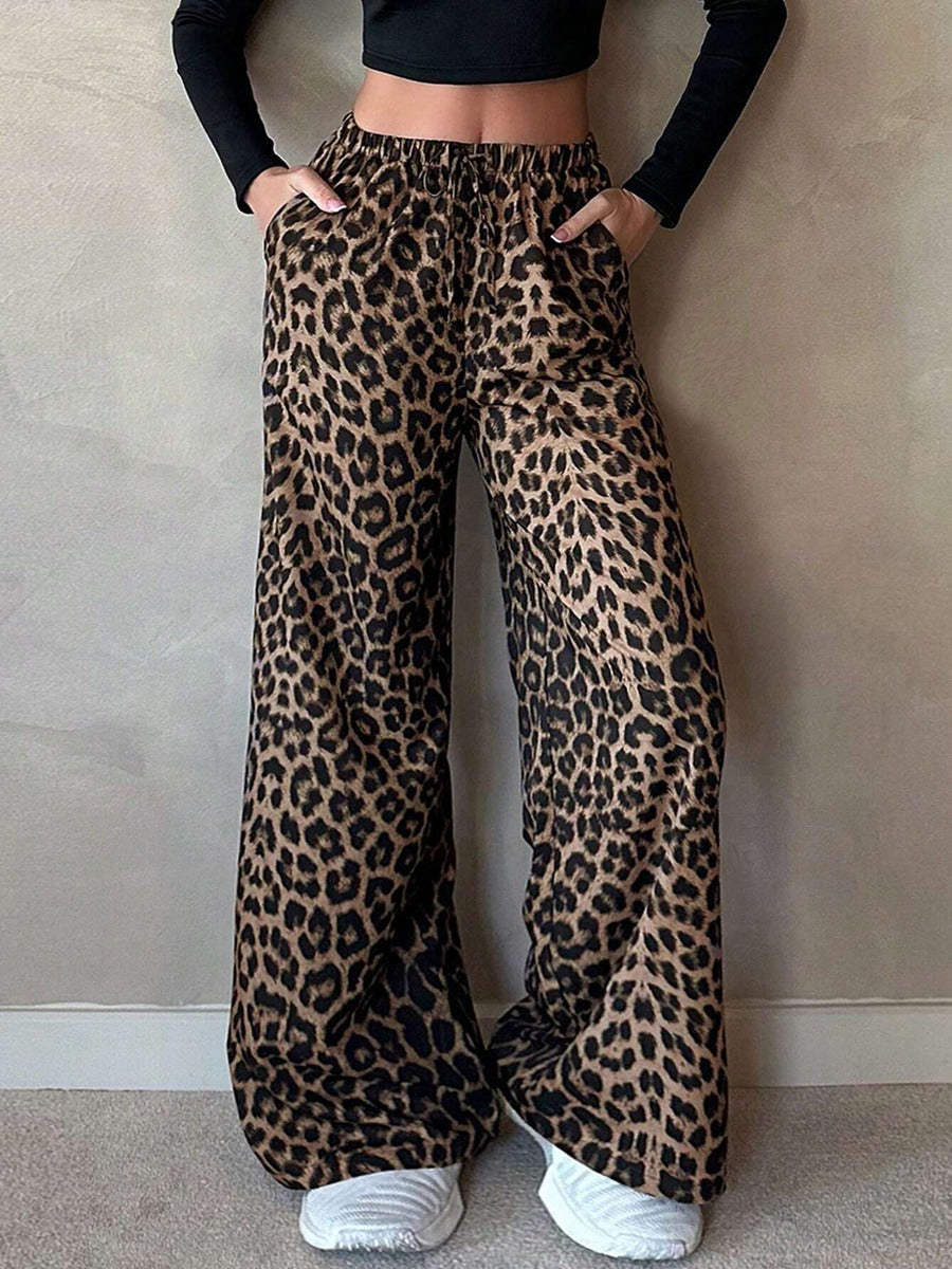 Damen Weite Palazzo-Hosen mit auffälligem Leopardenmuster EB