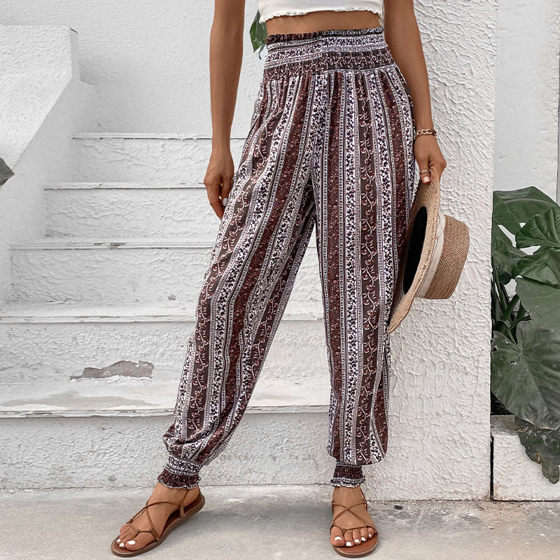 Damen Freizeithose im Bohemian-Stil mit elastischem Bund und Blumenmuster EB