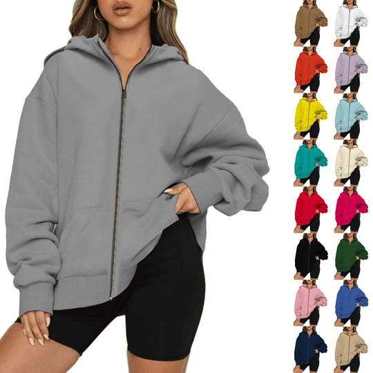 Damen nan leichte Zip-Kapuzenjacke im Relaxed-Fit mit Kängurutasche und gerippten Bündchen EB