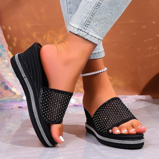 Damen Bequeme Wedge-Pantoletten mit funkelnden Strass-Applikationen EB