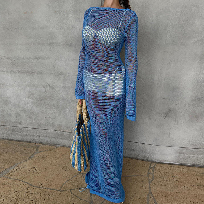 Damen transparentes Strandkleid aus Netzmaterial mit weitem Schnitt und offenen Ärmeln EB