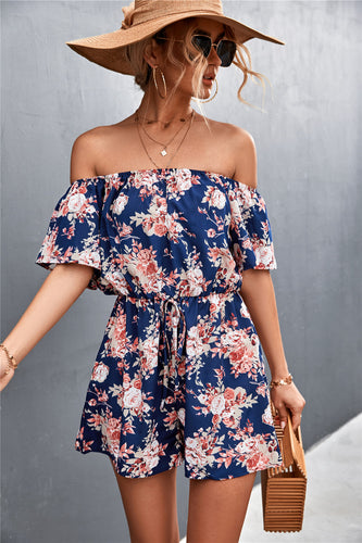Damen Off-Shoulder Jumpsuit mit floralem Design und elastischem Taillenbund EB