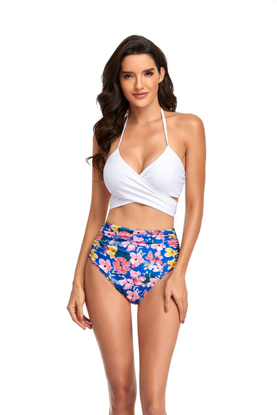 Damen Hochgeschnittener Bikini mit Wickeloberteil und floralen Mustern EB