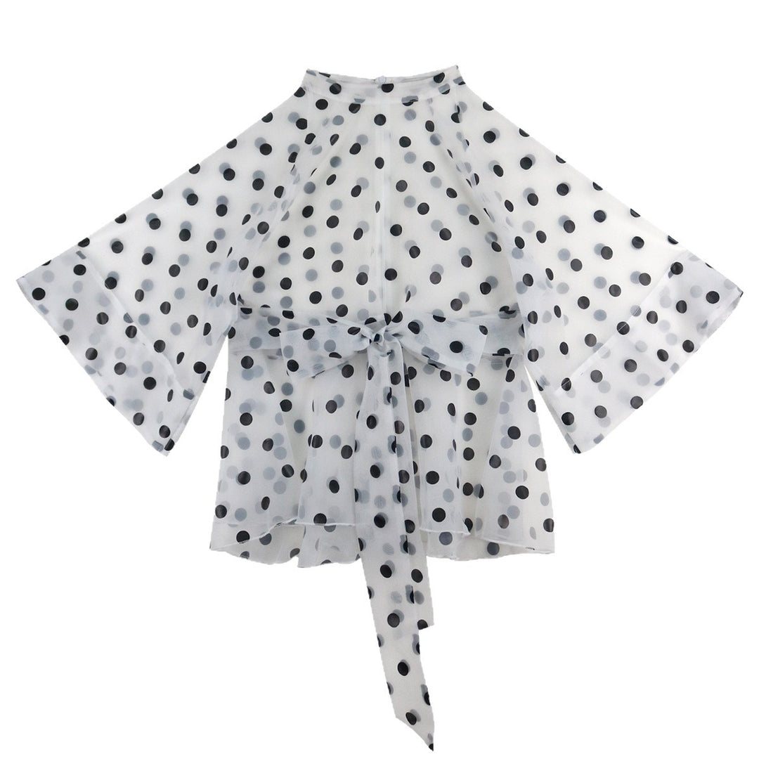Damen Chiffonbluse mit transparentem Polka-Dots-Design und tailliertem Bindegürtel EB