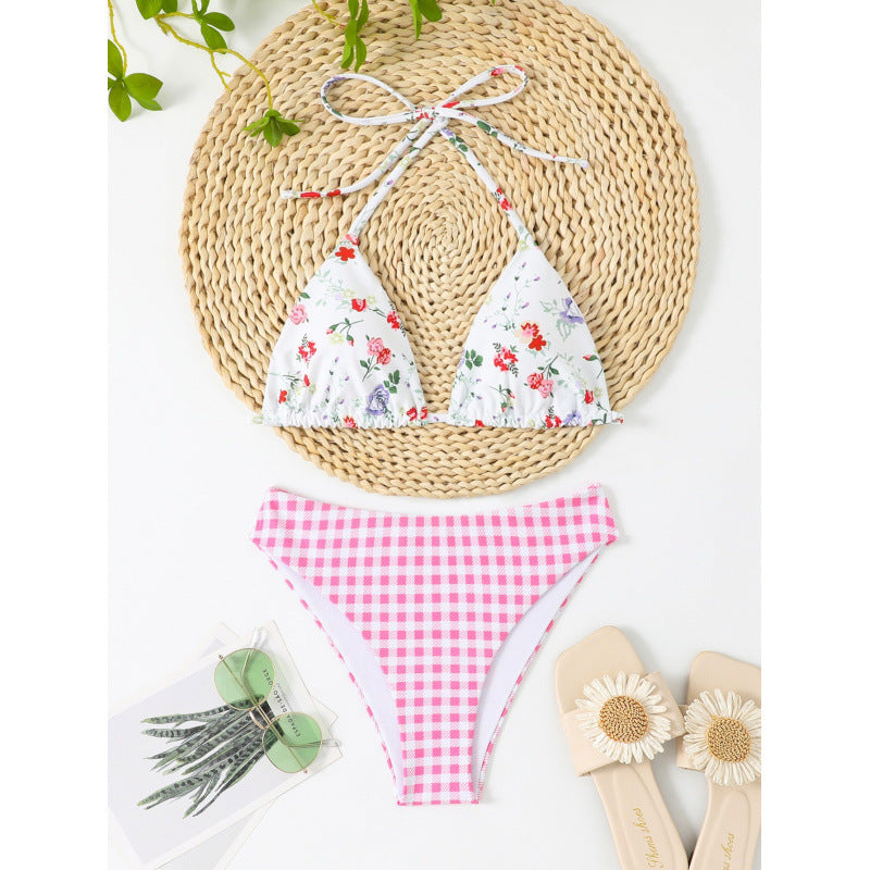Damen Triangel-Bikini mit floralem Oberteil und Karomuster EB