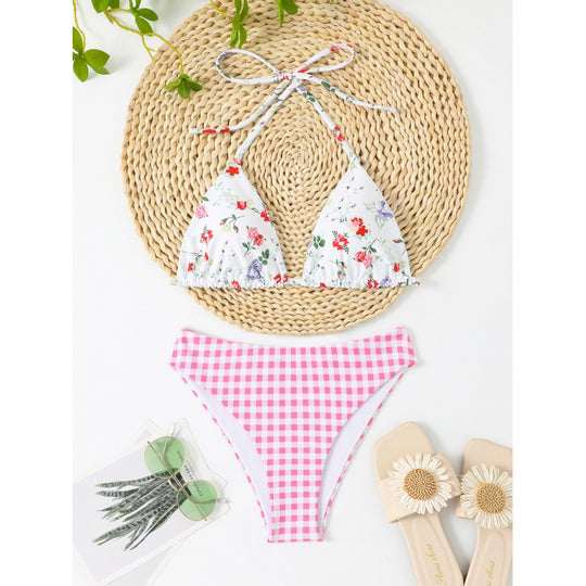 Damen Triangel-Bikini mit floralem Oberteil und Karomuster EB