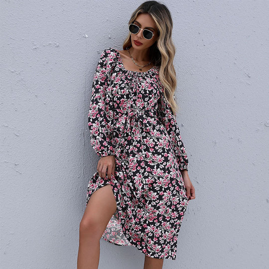 Damen Maxikleid mit floralen Raffungen und schmalem Taillengürtel EB