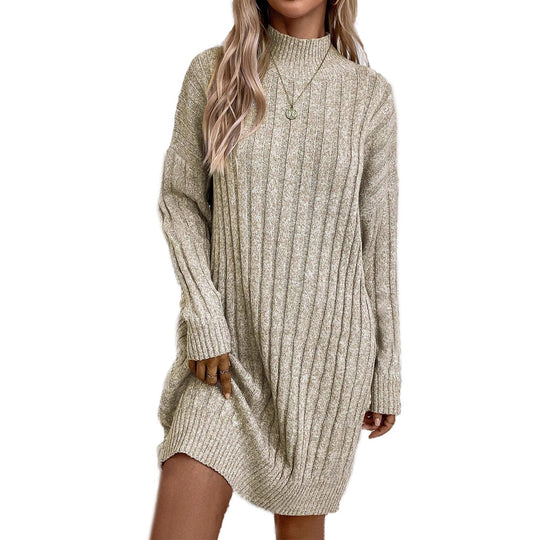 Damen Strickkleid mit hohem Kragen und strukturiertem Rippenmuster EB