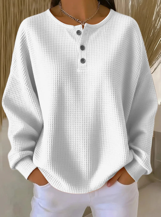 Damen nan Oversized Waffelstrick Henley-Pullover mit Knopfleiste und abgerundetem Saum EB