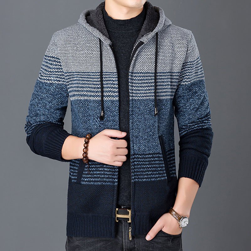 Herren Strickjacke mit Kapuze und modernen Blockstreifen EB