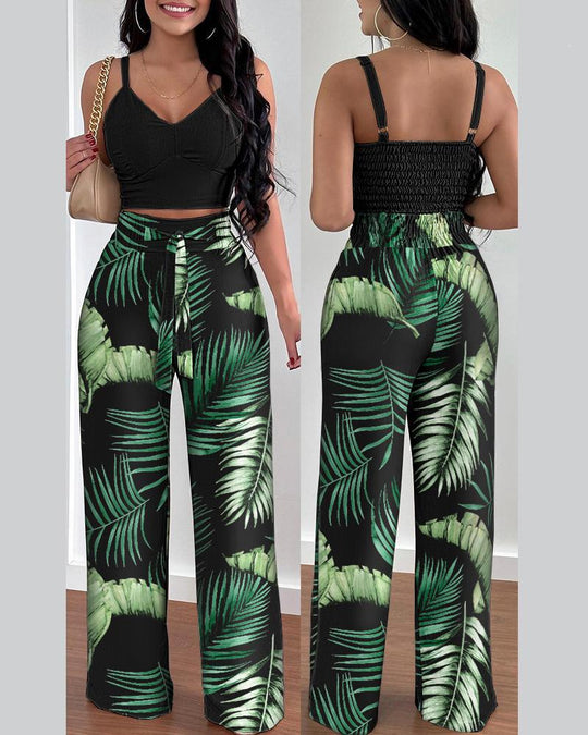 Damen Zweiteiliges Set aus floralem Oberteil und weiten Hosen EB