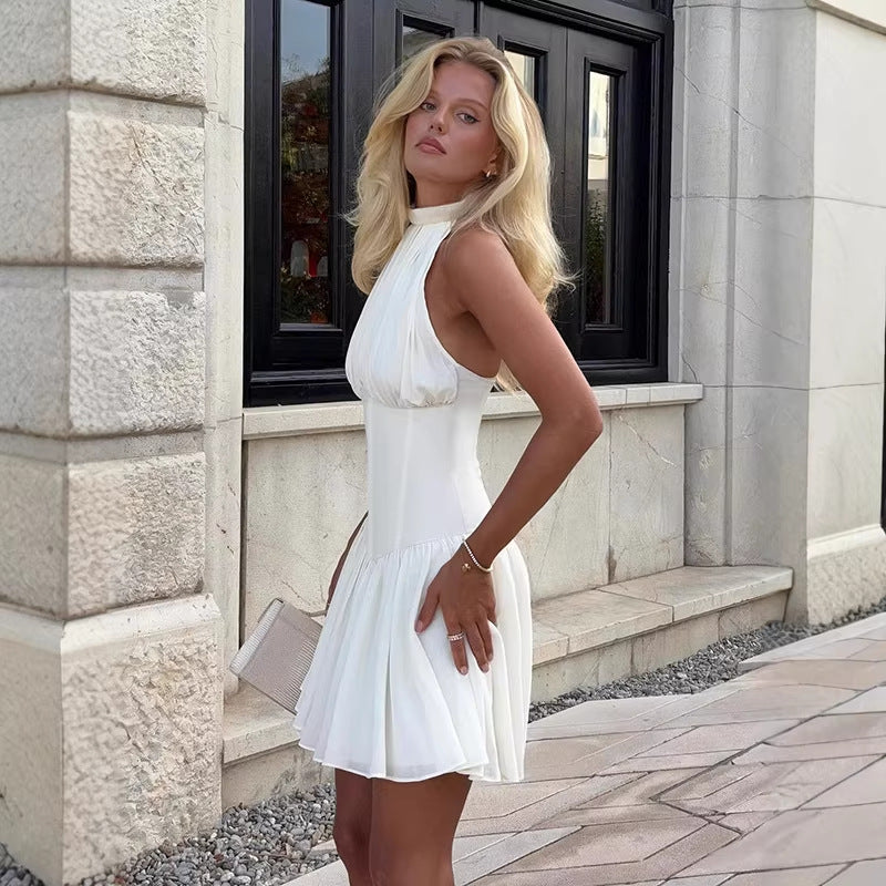 Damen schulterfreies Minikleid mit elegantem Halterneck und schwingendem Rock EB