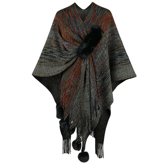 Damen modischer Poncho mit luxuriösem Kunstfellbesatz und kreativen Fransen EB