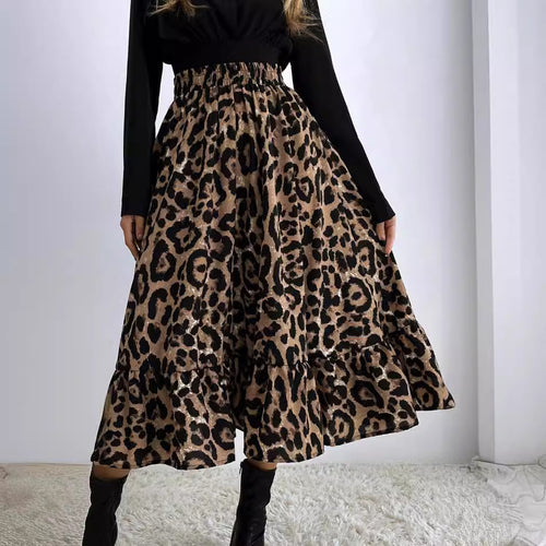Damen Midi-Rock mit Volants und tierischem Muster EB