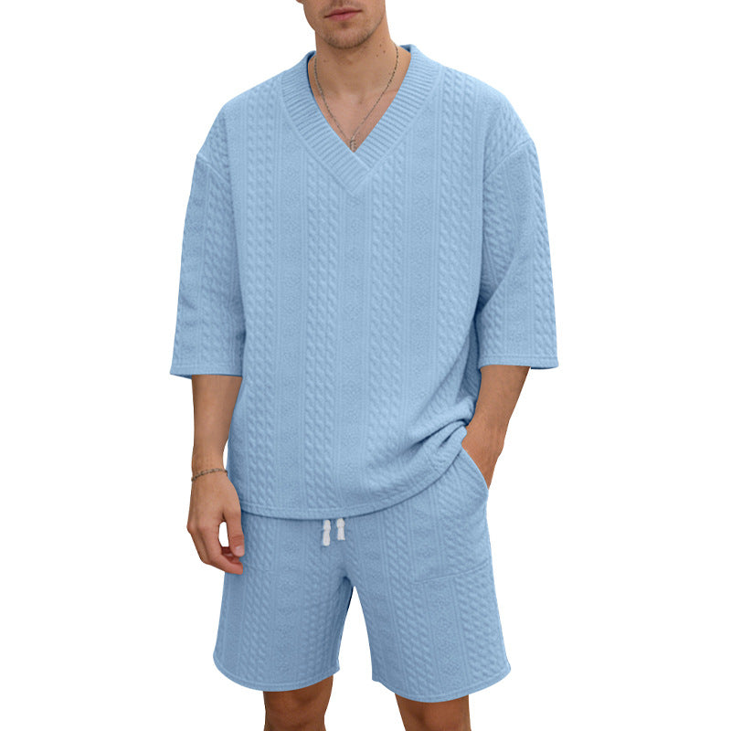 Unisex nan lässiges Lounge-Set mit V-Ausschnitt-Oberteil und Kordelbund-Shorts EB