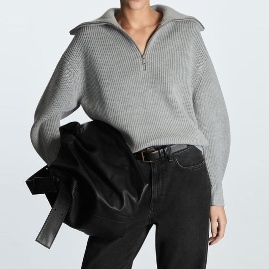 Damen Gestreifter Half‑Zip Strickpullover mit Matrosenkragen und überschnittener Schulter EB