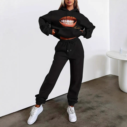 Damen nan Hoodie- und Jogginghose-Set mit Kapuze, Kängurutasche, elastischem Bund und auffälligem Lippen-Statementprint EB