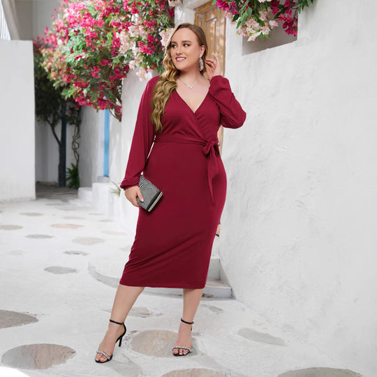 Damen Elegantes Wickelkleid mit taillierter Silhouette und langem Arm EB