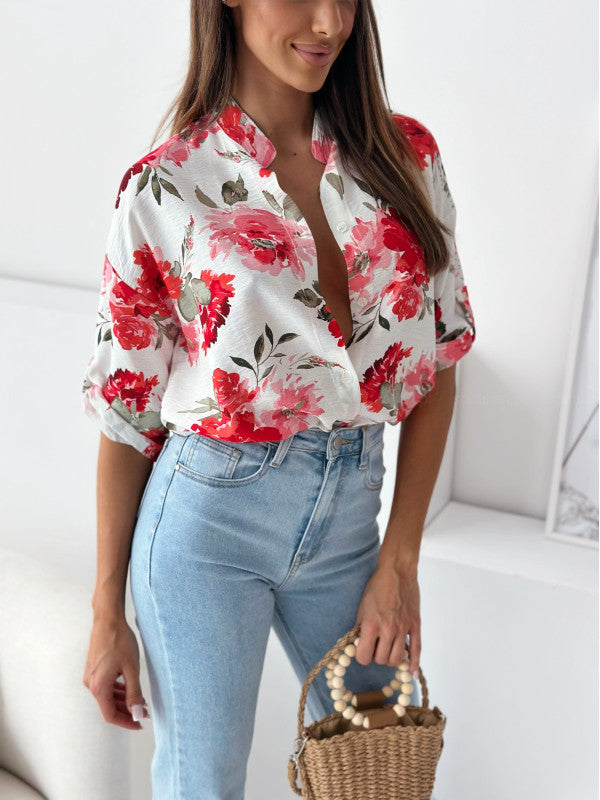 Damen blumige Oversize-Bluse mit kurzen Ärmeln EB