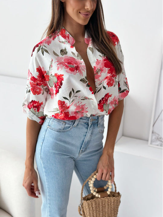 Damen blumige Oversize-Bluse mit kurzen Ärmeln EB