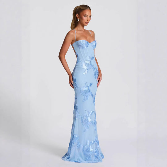Damen figurbetontes Abendkleid mit floralem Stickdesign und hochwertigem Stoff EB