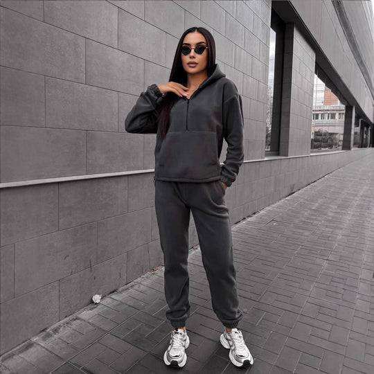 Damen sportliches Fleece-Set mit halbhohem Reißverschluss Kapuzenhoodie und lässiger Jogginghose EB