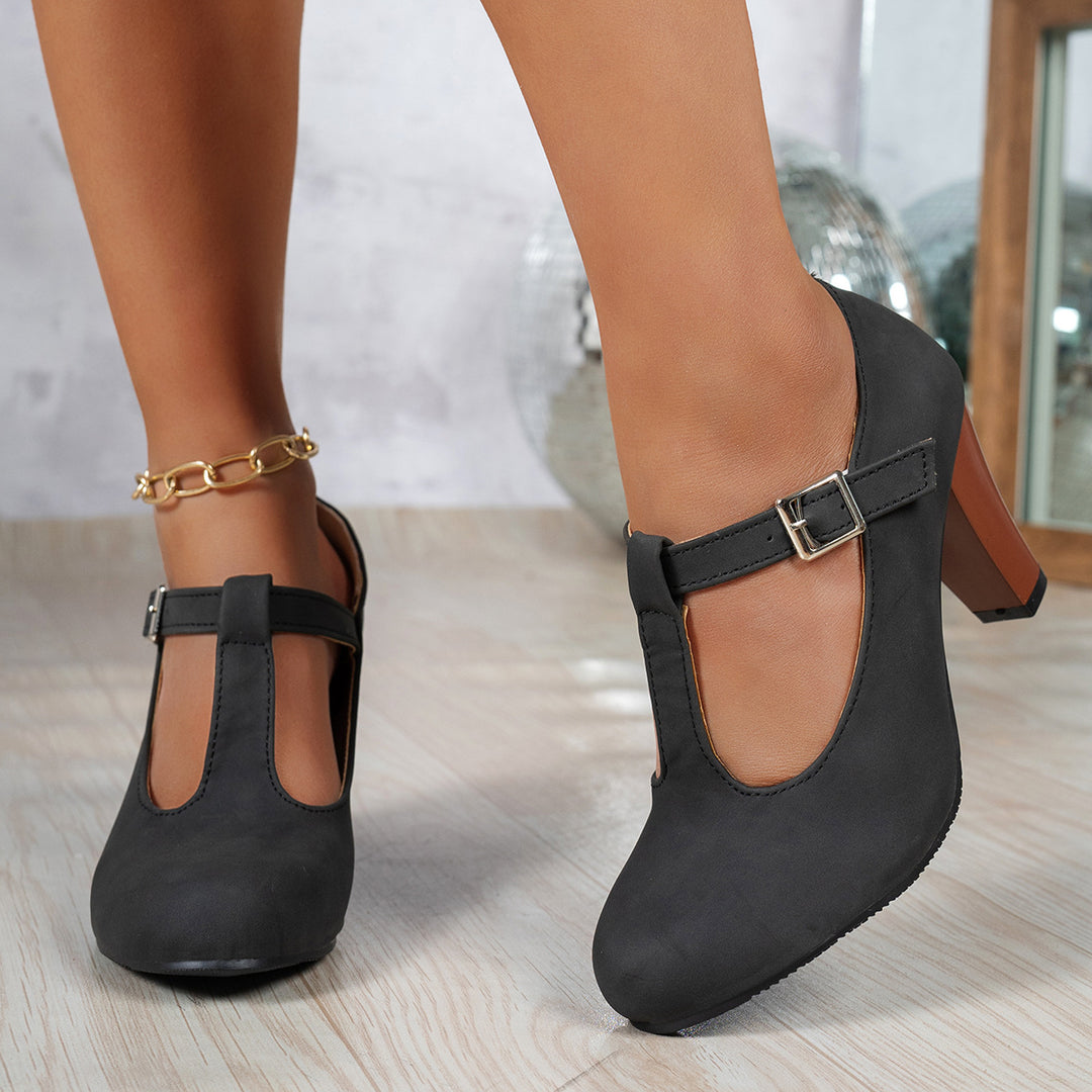 Damen T-strap Pumps mit eleganter Absatzhöhe und verstellbarem Riemen EB