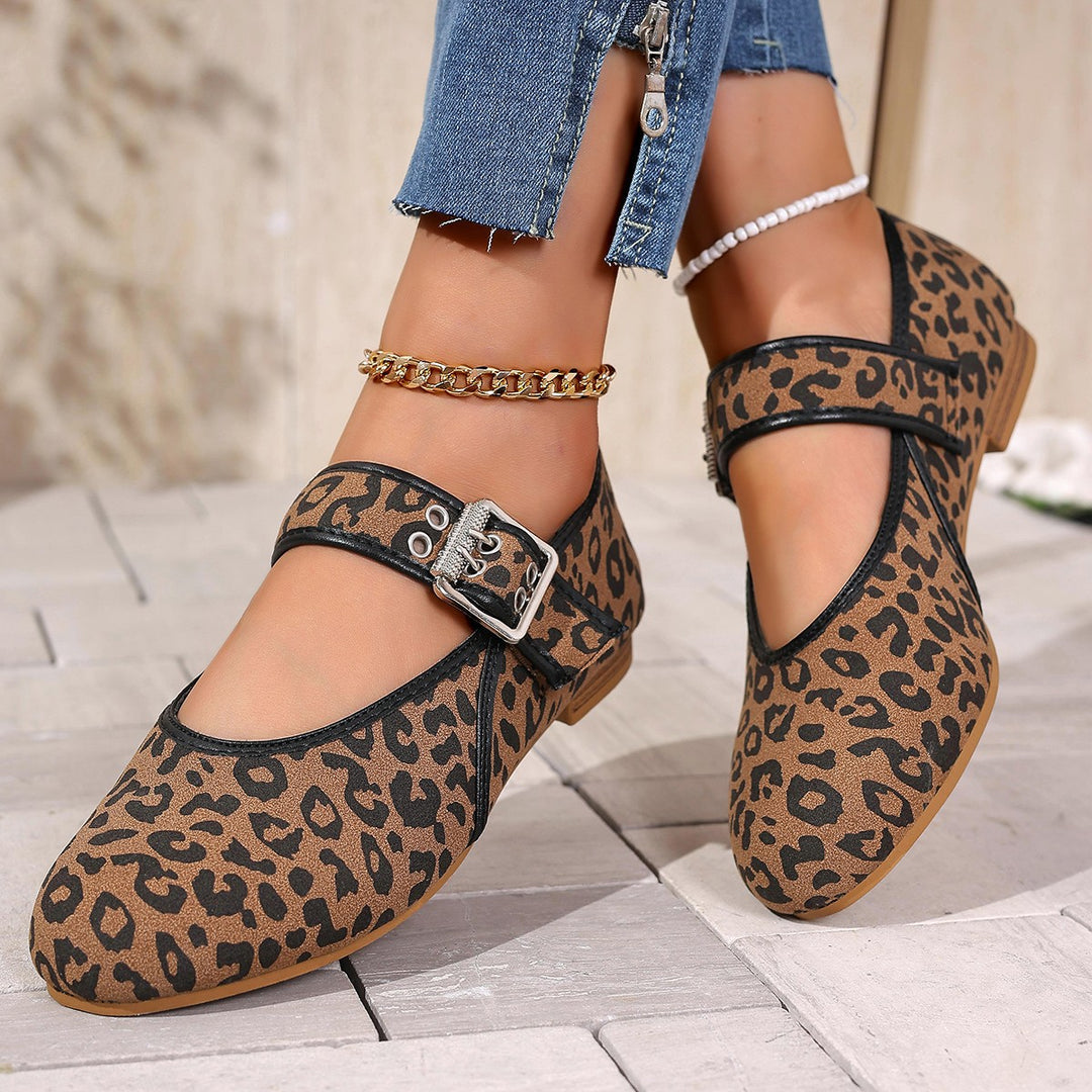 Damen Mary Jane Ballerinas mit modischem Leopardenmuster und bequemer Schnalle EB