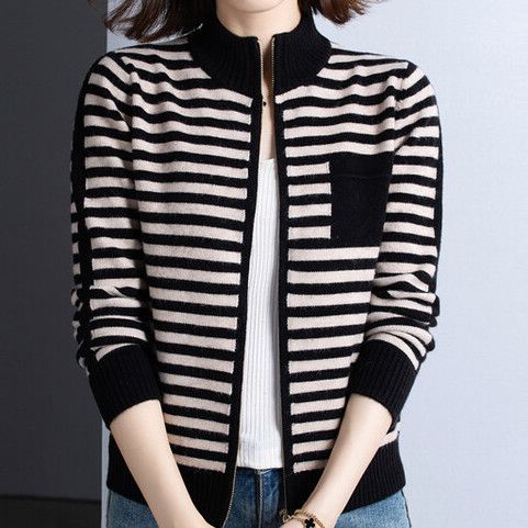 Damen Strickjacke mit Stehkragen und Reißverschluss EB