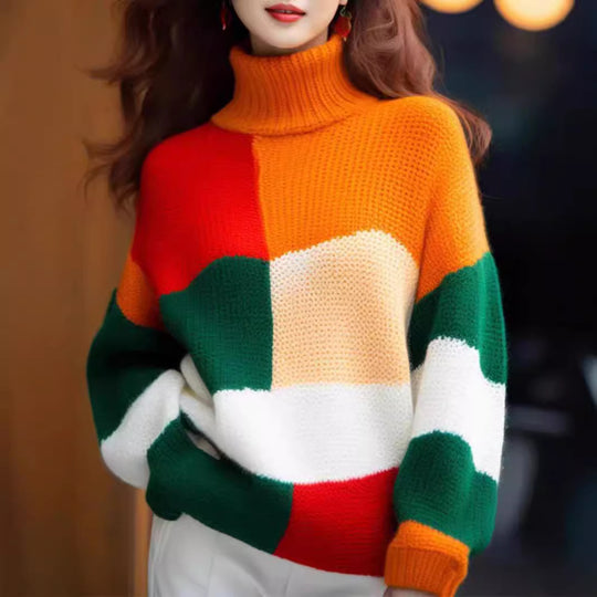 Damen Grobstrickpullover mit hohem Kragen und buntem Farbblockdesign EB