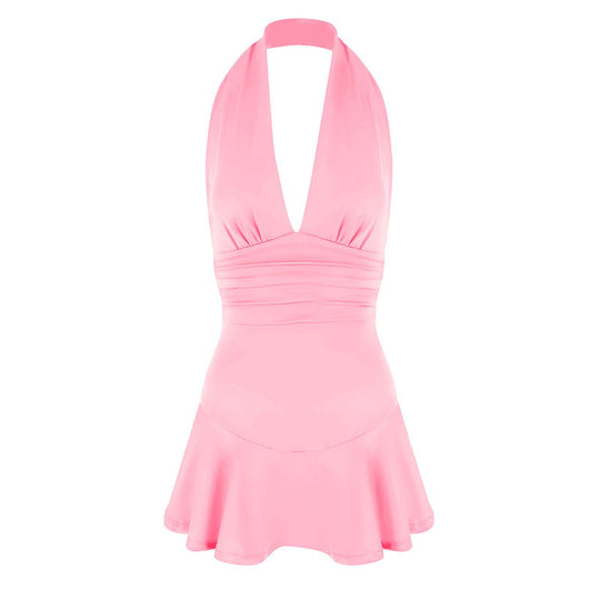 Damen Neckholder Kleid mit fließendem Rock und figurbetonter Passform EB