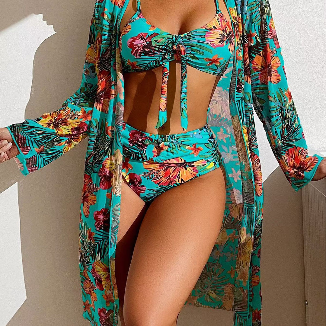 Damen Bikini-Set mit floralen Mustern und luftiger Kimono-Überjacke EB