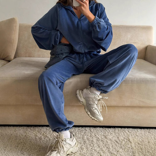 Damen sportliches Lounge-Set aus weichem Fleece mit lockerem Schnitt EB