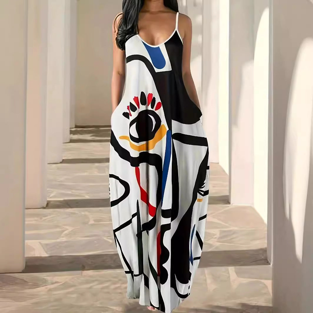 Damen Elegantes Maxikleid mit modernem abstraktem Print und fließendem Schnitt EB
