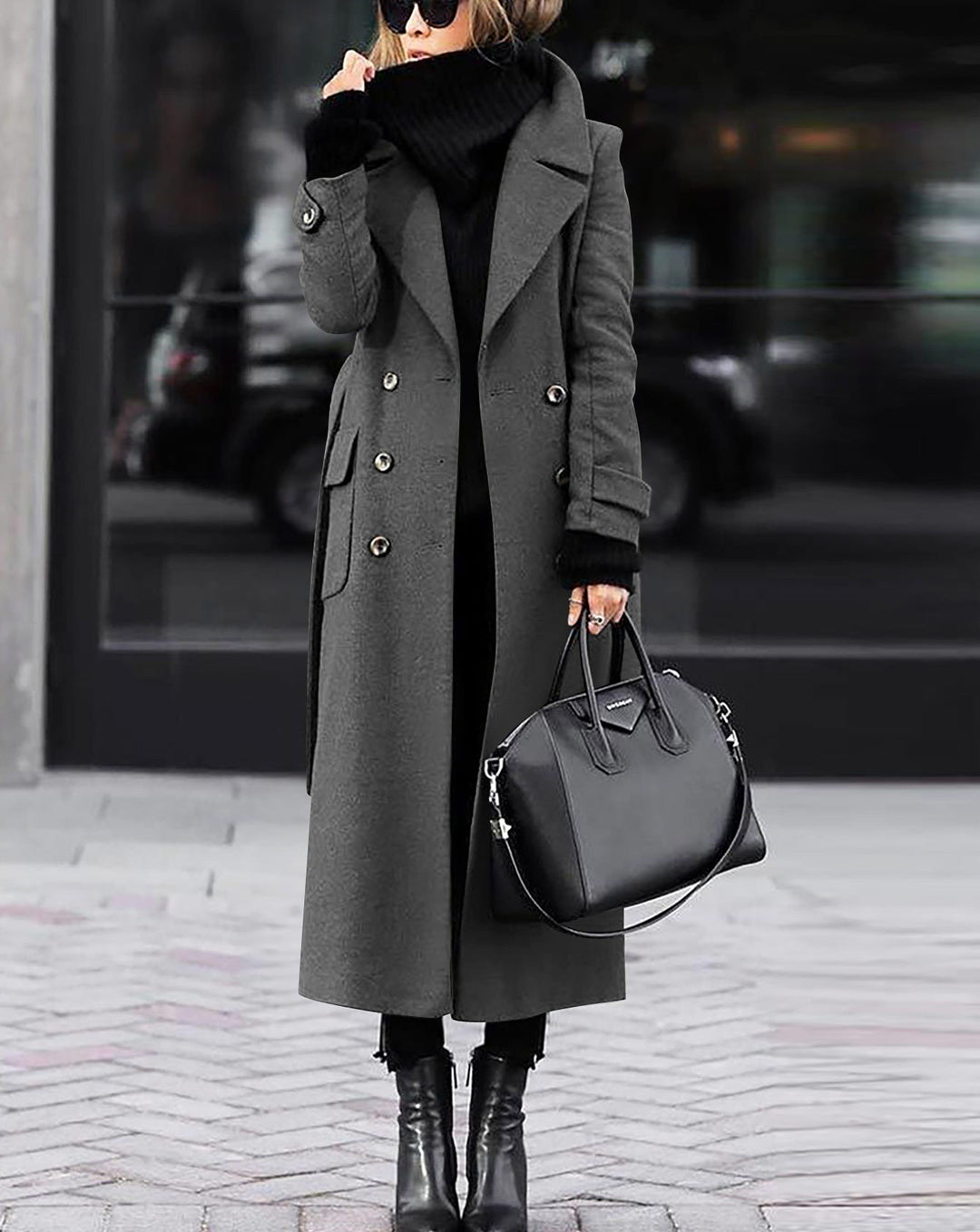 Damen nan eleganter Maxi-Wollmixmantel mit doppelreihiger Knopfleiste, weitem Reverskragen und aufgesetzten Taschenklappen EB