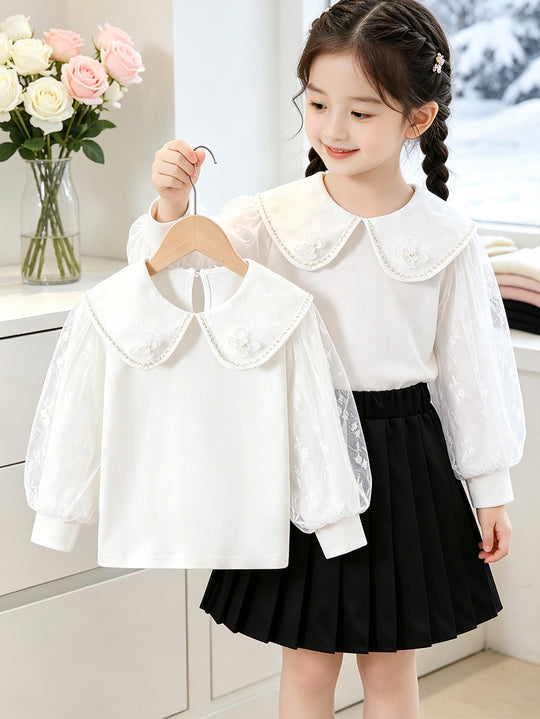 Mädchen Bluse mit elegantem Tüllkragen und floralen Applikationen EB