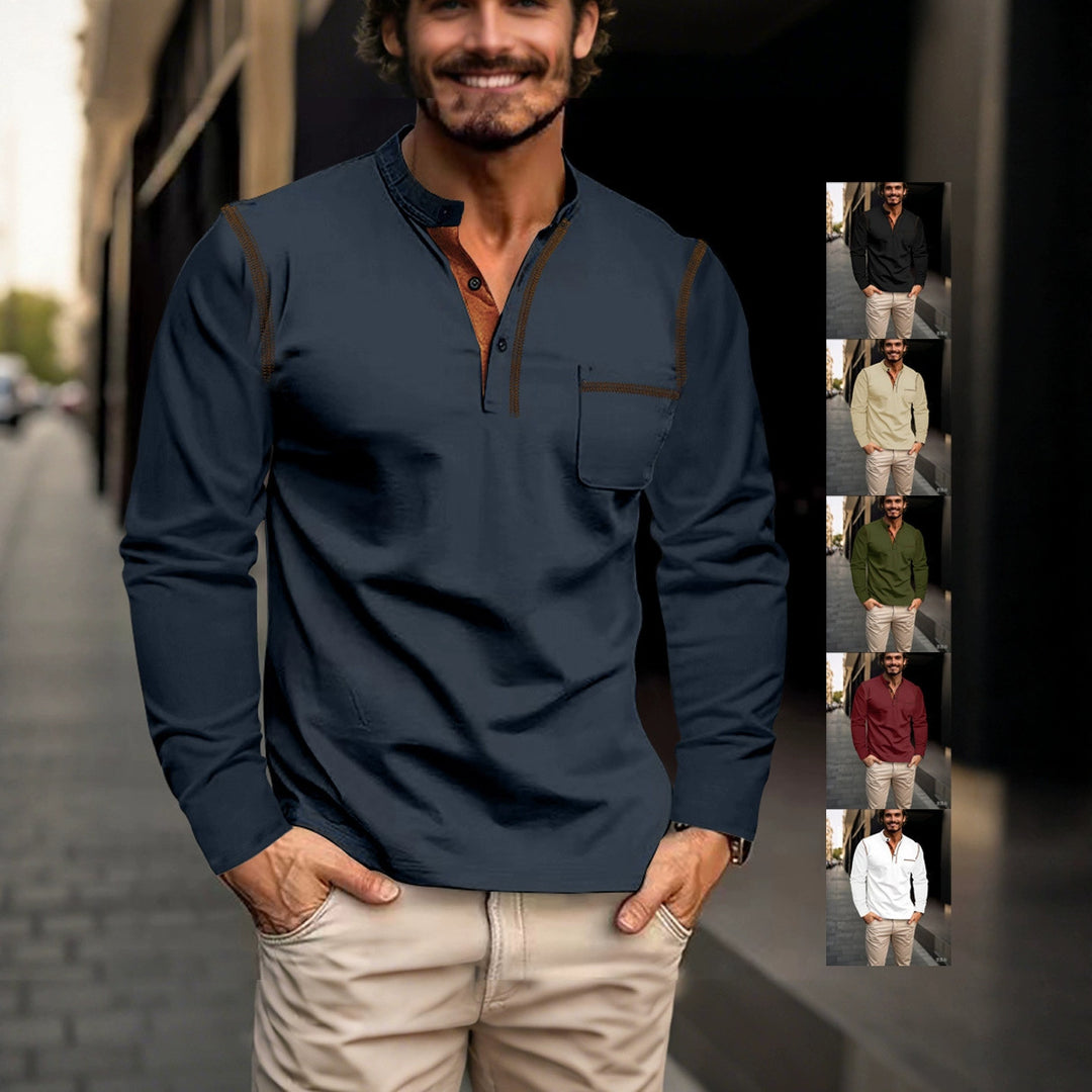 Herren nan legeres Langarm-Henleyshirt mit Stehkragen Knopfleiste und Brusttasche EB