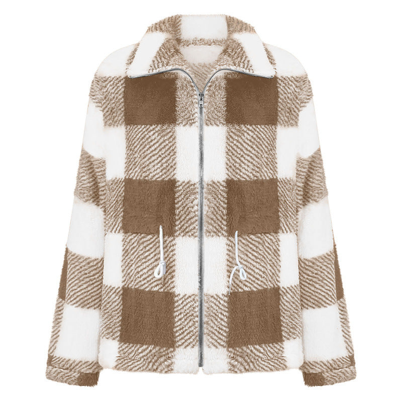 Damen kuschelige Oversize-Jacke mit kariertem Muster EB