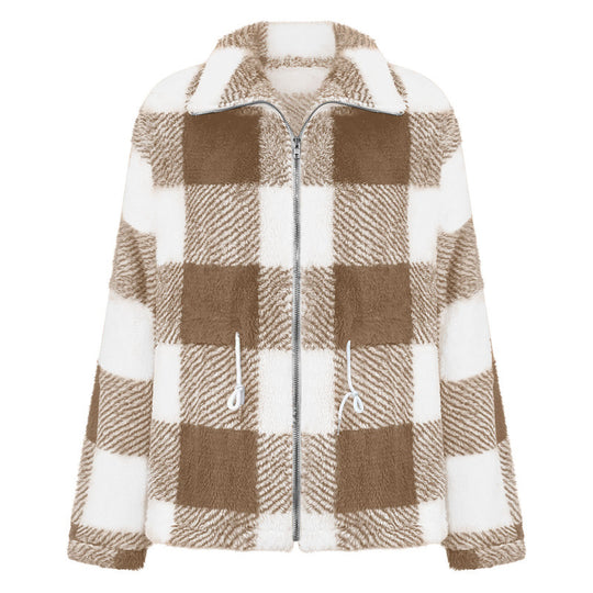 Damen kuschelige Oversize-Jacke mit kariertem Muster EB