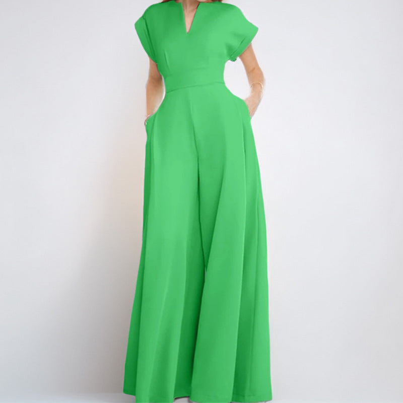 Damen Eleganter Jumpsuit mit Weitem Bein und Schalkragen EB